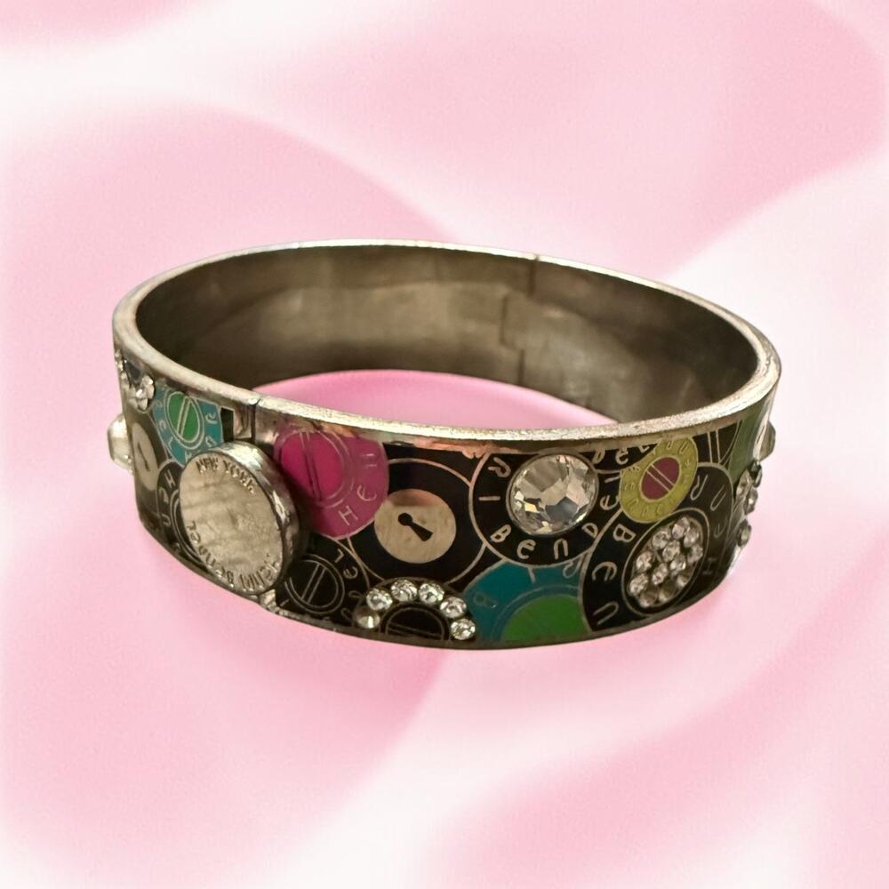 Henri Bendel Black Enamel Rhinestone Logo Hinged Wide Bangle Bracelet Y2K - Picture 2 of 6